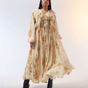 ASOS Edition Chiffon Raw Edge Ruffle Maxi Dress with Drawstring Waist in Cream